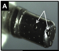 Figure 1: Fifty-six-hole porous irrigation tip (2.5mm DIA) with embedded
temperature sensors (white arrows)